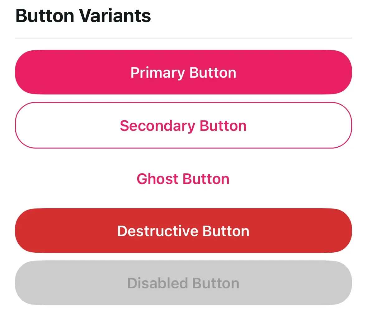 Button variants — primary, secondary, ghost, destructive, and disabled — all driven by brand colors
