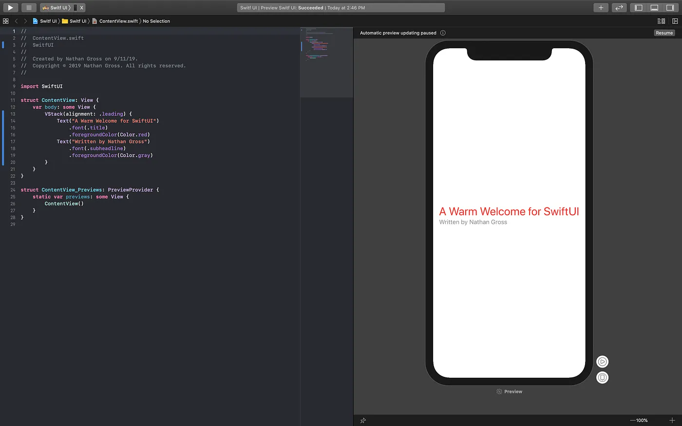 SwiftUI with code editor on the left and simulator on the right