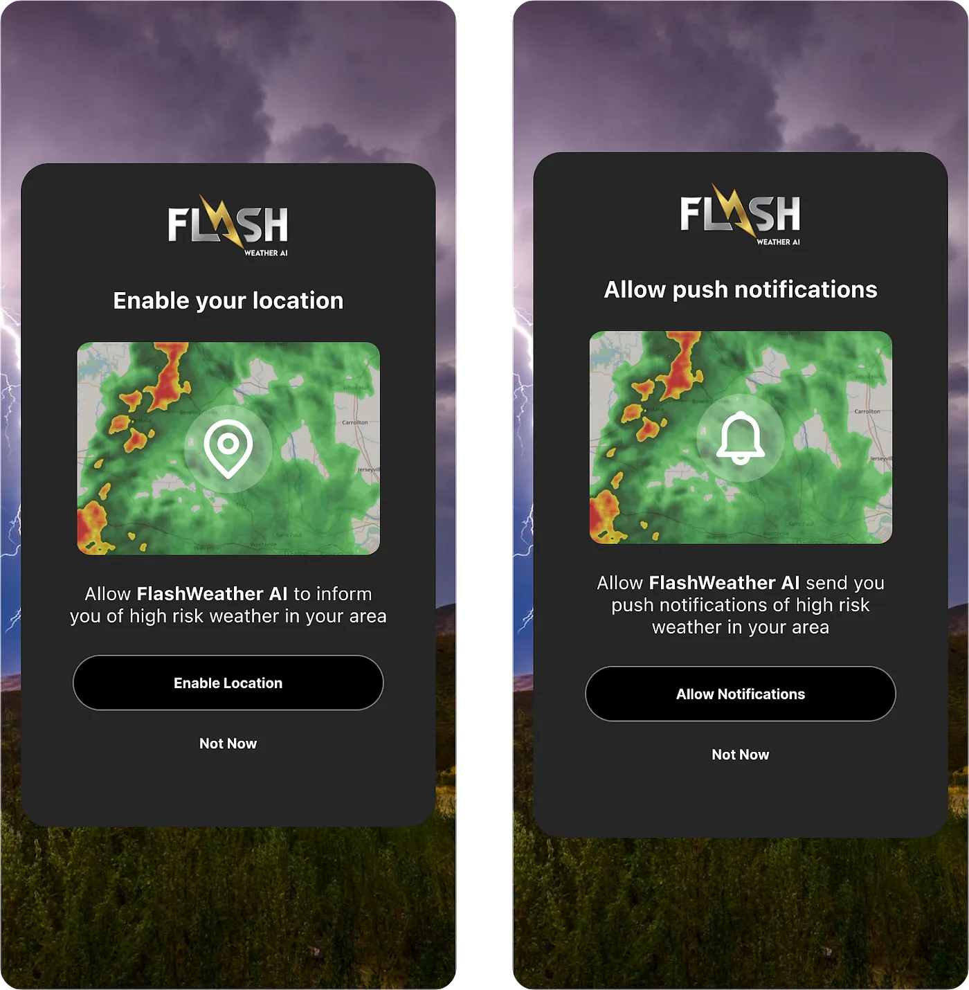 Designer-made onboarding screens for location and notification permissions