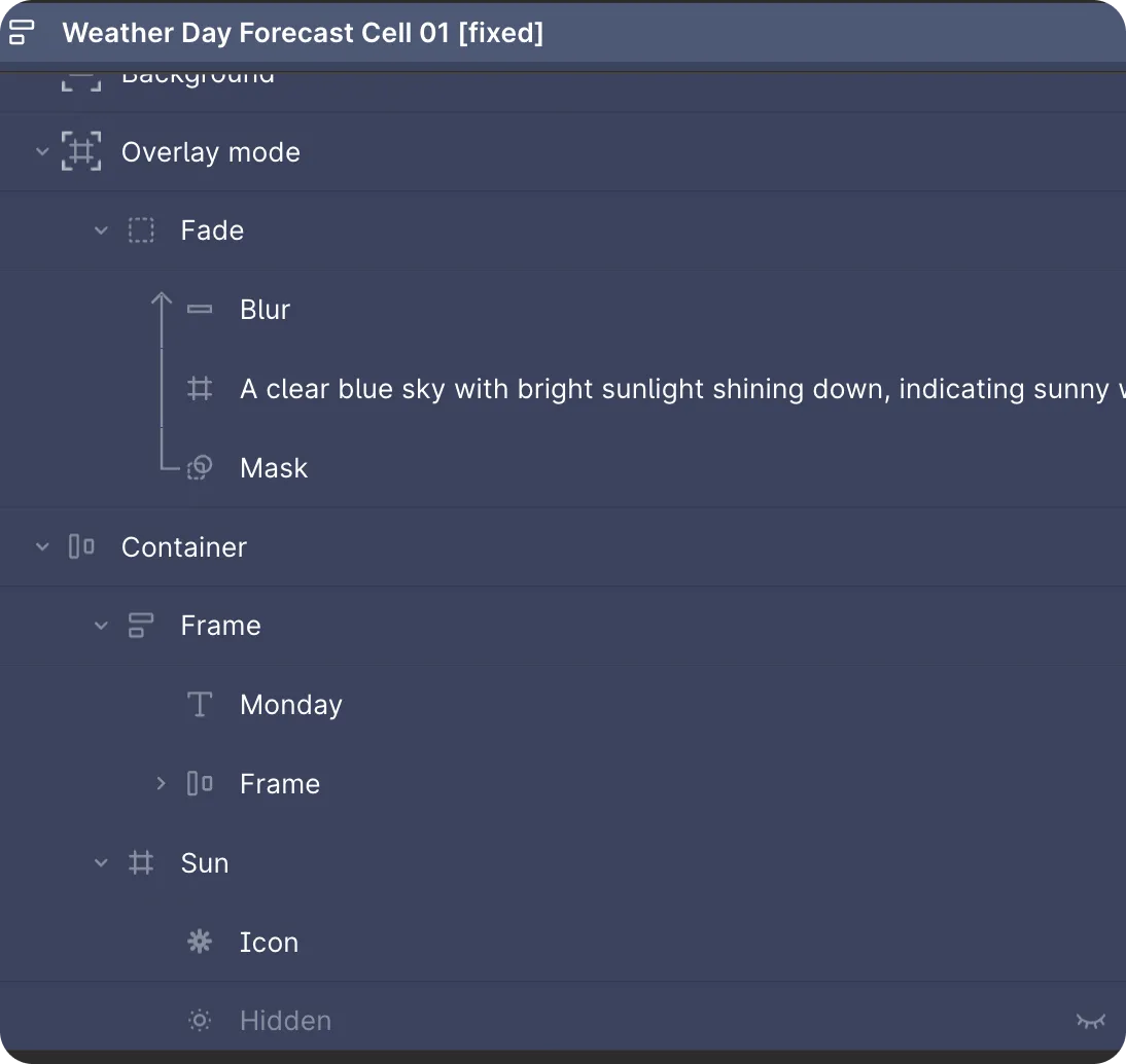 Figma layers panel showing the AI-generated weather card structure