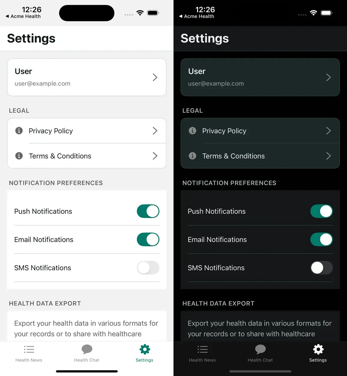Light mode and dark mode side-by-side — same screen, same brand, different palettes
