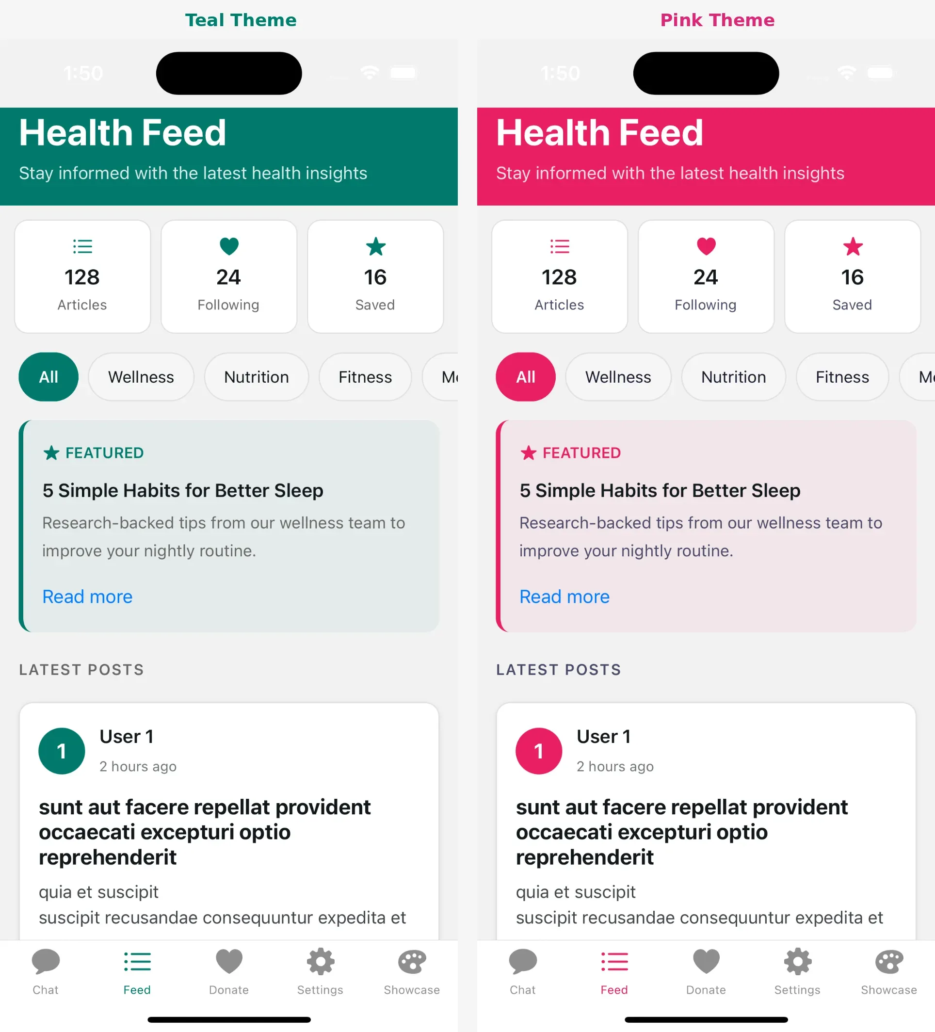 Two branded apps built from the same SDK — one with a pink theme, one with teal
